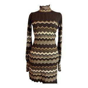Moda International Brown Chevron Sweater Dress Mock Turtle Neck XS